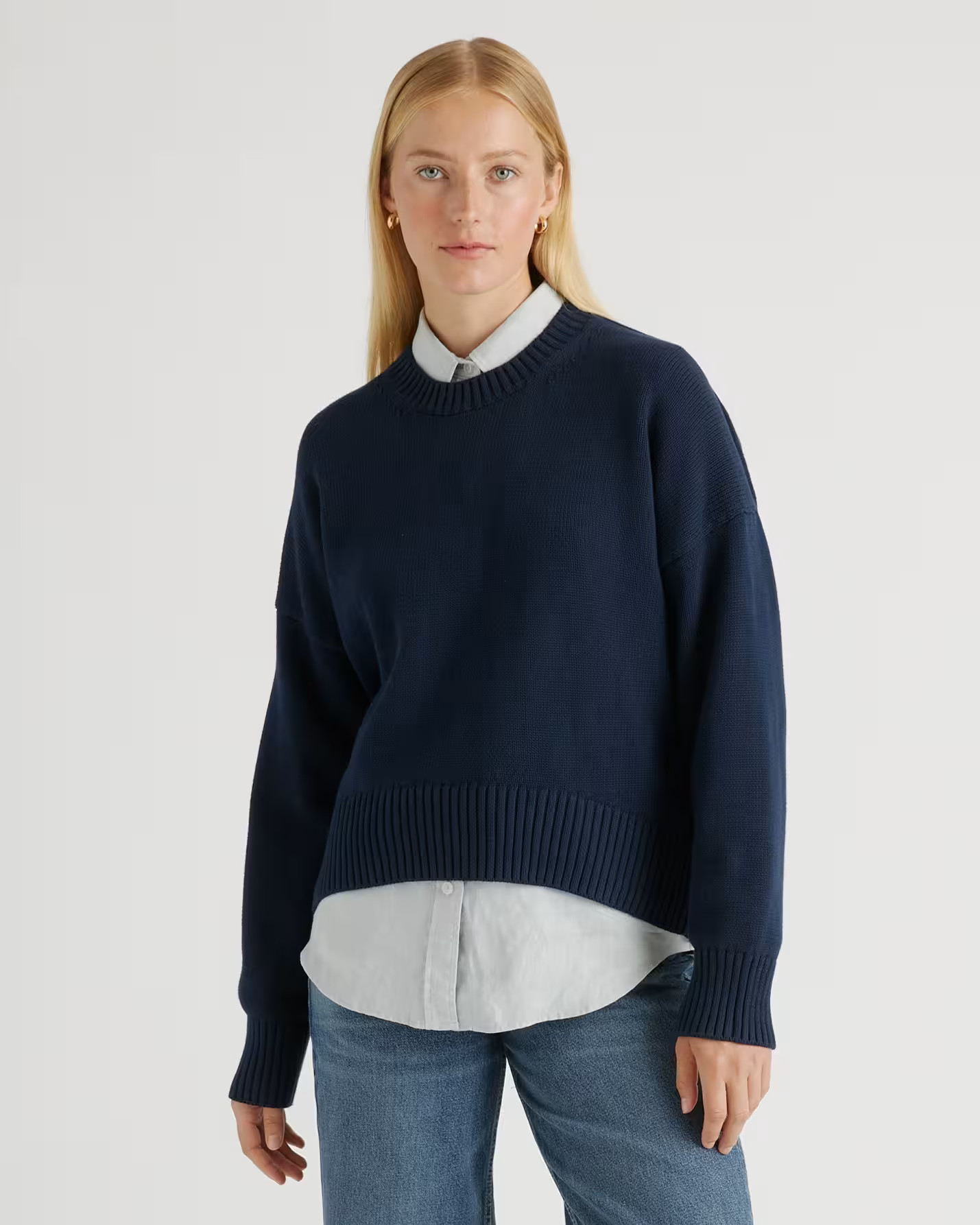 Navy 100% Organic Cotton Boyfriend Crew Sweater | Quince