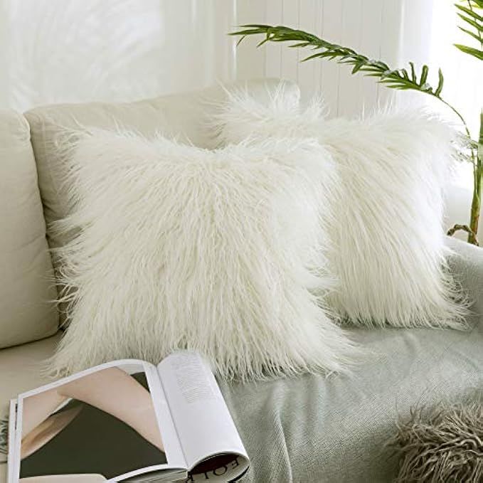 Kevin Textile Set of 2 Decorative New Luxury Series Merino Style Off-White Fur Throw Pillow Case Cus | Amazon (US)