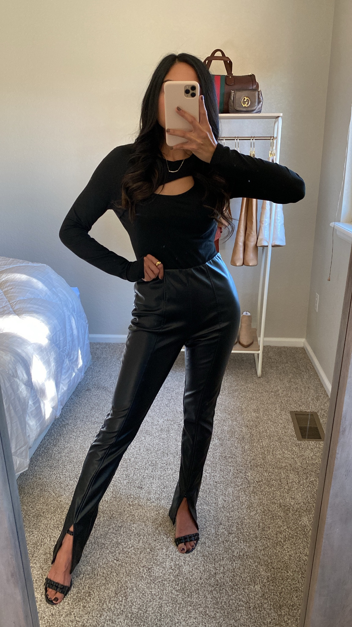 cutout long sleeve - split hem vegan leather pants - fall outfit - long sleeve bodysuit - amazon must haves 2023 

#LTKSeasonal #LTKstyletip #LTKxPrime