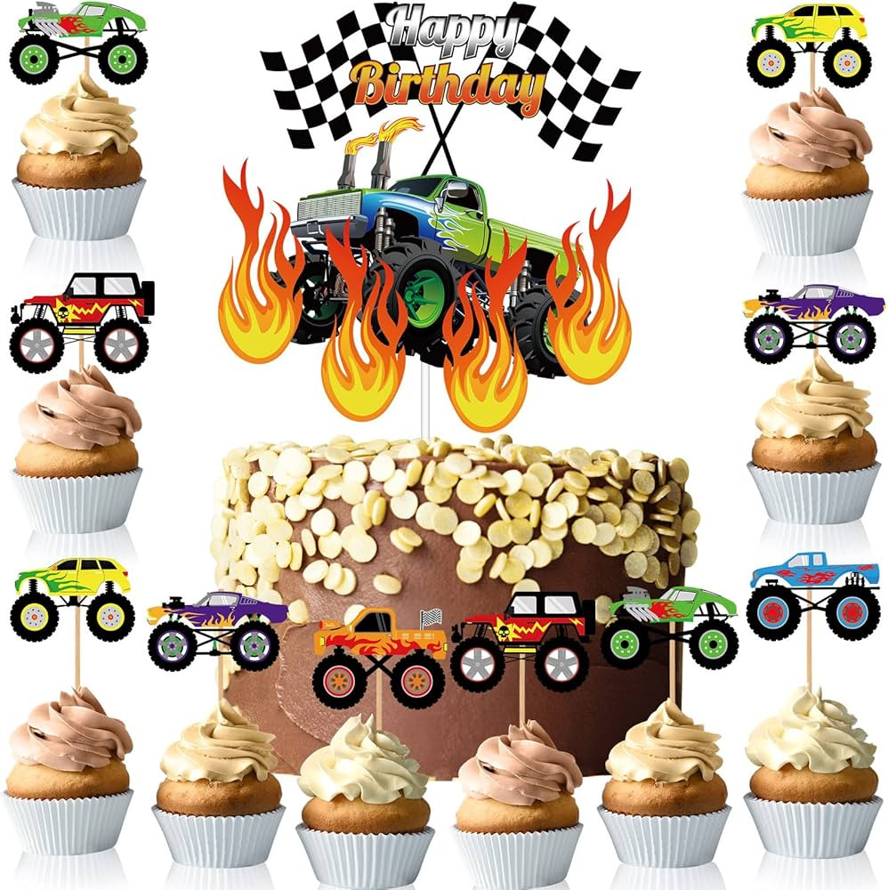 48 Pieces Truck Cake Topper Jam Birthday Party Supplies Truck Cake Decorations Car Party Checkere... | Amazon (US)