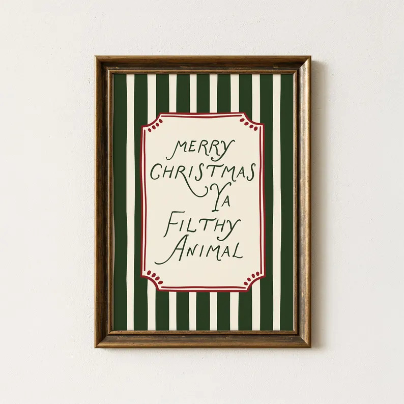 Merry Christmas Ya Filthy Animal Digital Art Print | Red and Green Striped Vintage Christmas Inst... | Etsy (US)