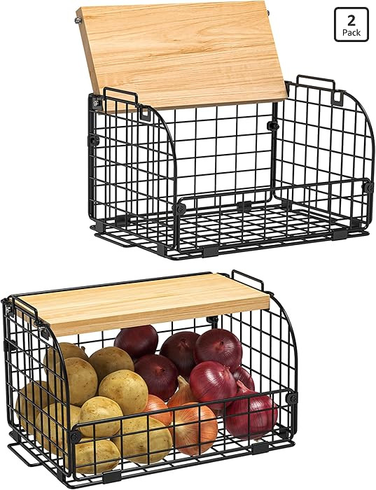 2 Set Stackable Wire Basket with Openable Top, Kitchen Counter, Pantry Organizer and Storage Prod... | Amazon (US)