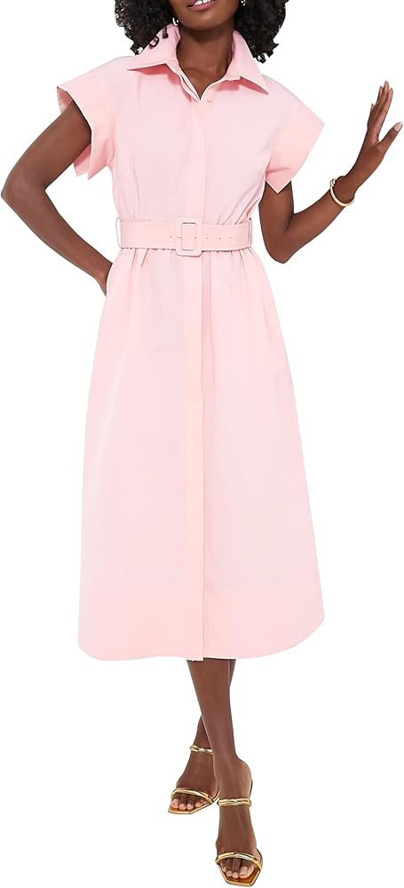Ladyful Women Casual Button Down Shirt Dress Short Wing Sleeve Buiness Midi Shirt Dress with Belt... | Amazon (US)