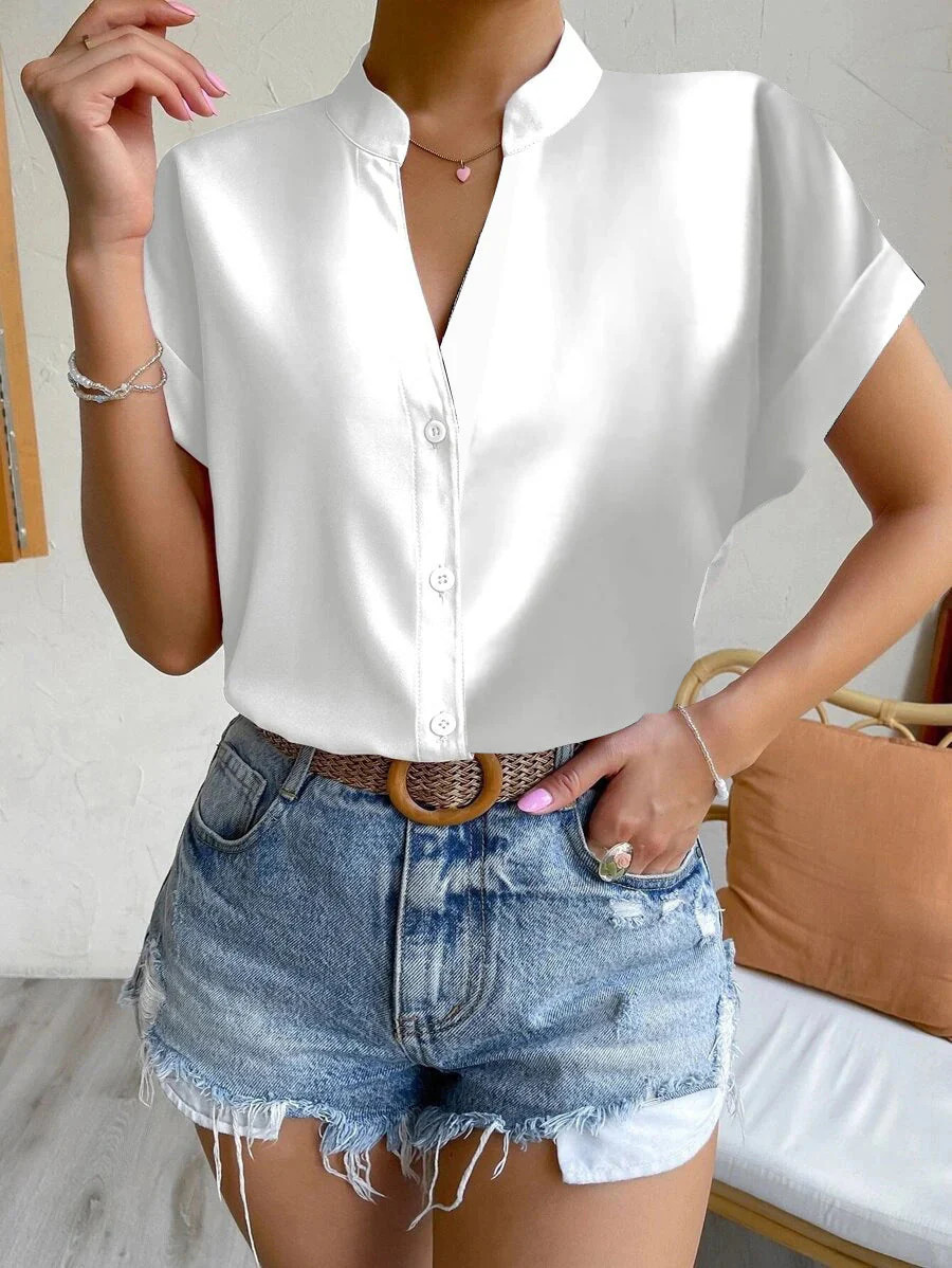 Summer Simple V Neck Women's Shirts Shirts and Women's Clothing White / S | ulivary