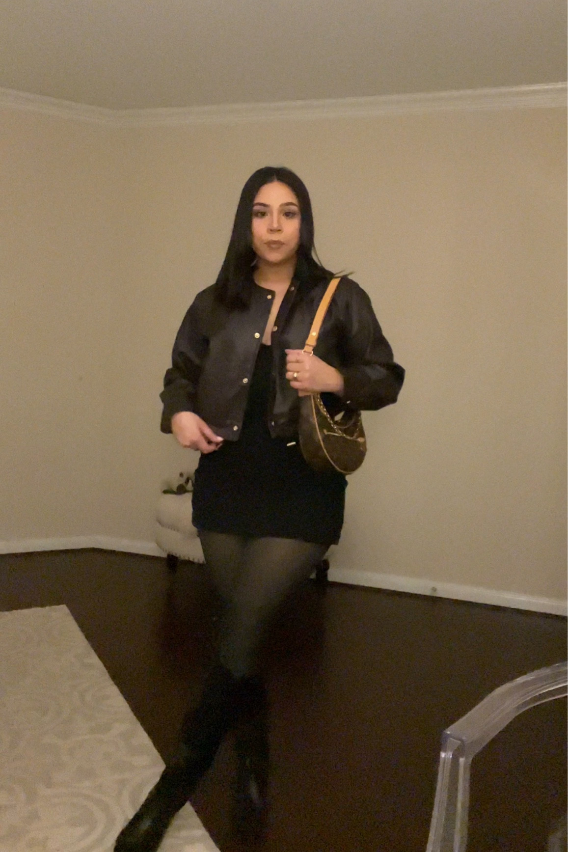 Winter night out outfit idea 
L’Oréal leshadow sticks “twinkle rose” and “magnetic mauve” 
Faux leather collarless jacket: xs 
Black skort: small 
Fleece lined tights: small 
Frenshe palo santo sage 
Black kitten boots: 6.5 
Louis Vuitton monogram loop bag 
Gold oura ring

#LTKSeasonal #LTKStyleTip #LTKFindsUnder100