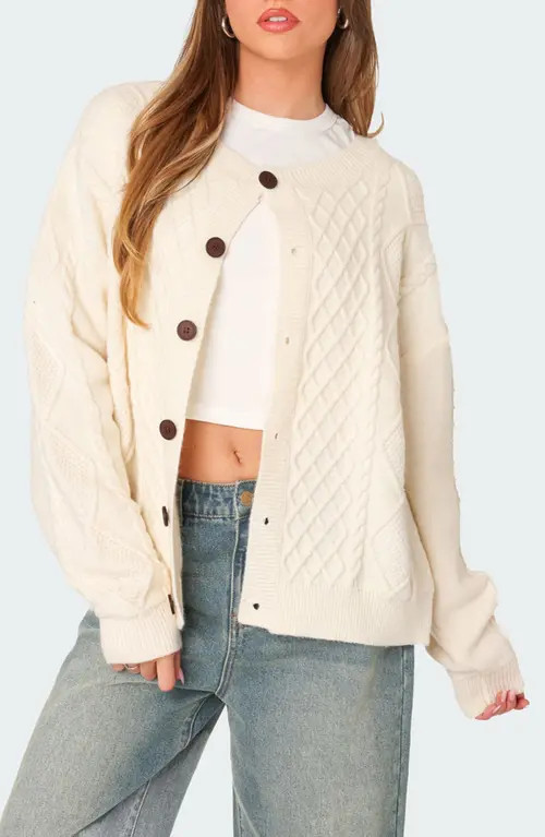 EDIKTED Rory Oversize Cable Stitch Cardigan in Cream at Nordstrom, Size Medium | Nordstrom