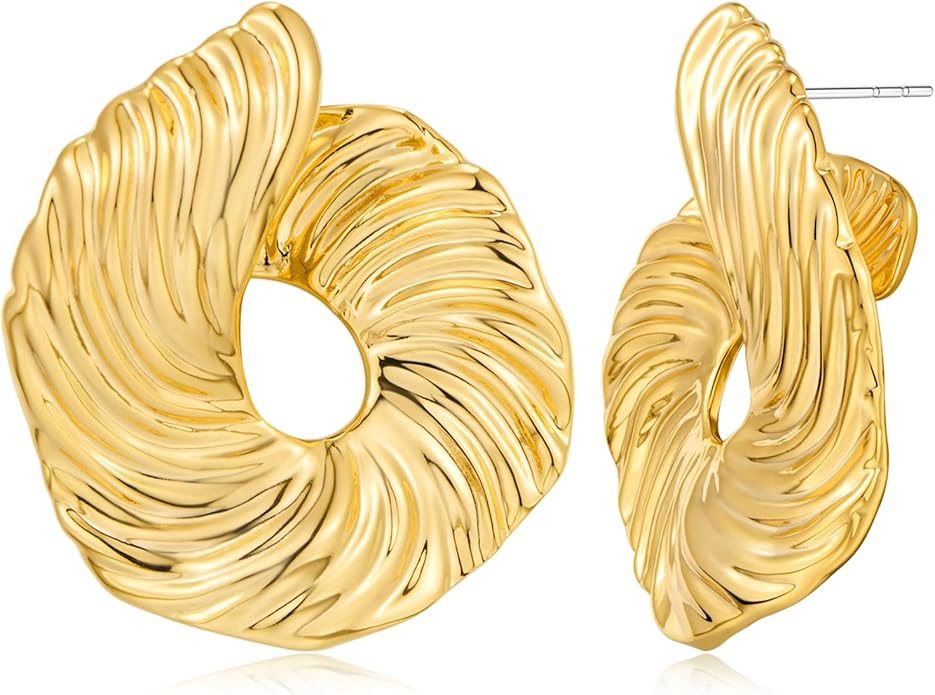 WOWORAMA Gold Statement Earrings for Women Gold Seashell Flower Earrings Boho Textured Ocean Wave... | Amazon (US)