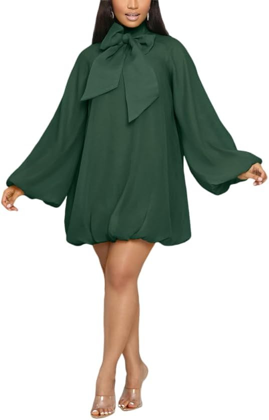 Yanfoam Women's Puff Long Sleeve Sweetheart Round Neck Dress Flowy Loose Chiffon for Cocktail Par... | Amazon (US)