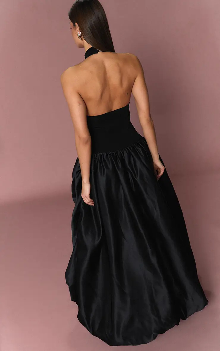 Black Halterneck Satin Puff Hem Maxi Dress | PrettyLittleThing UK