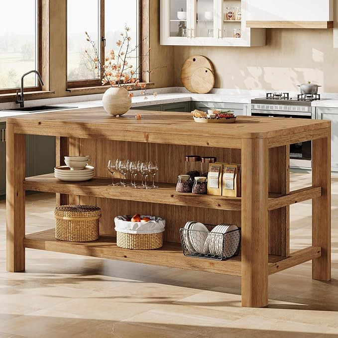 63" Solid Wood Kitchen Island with Storage Shelves, Easy Assembly | Amazon (US)