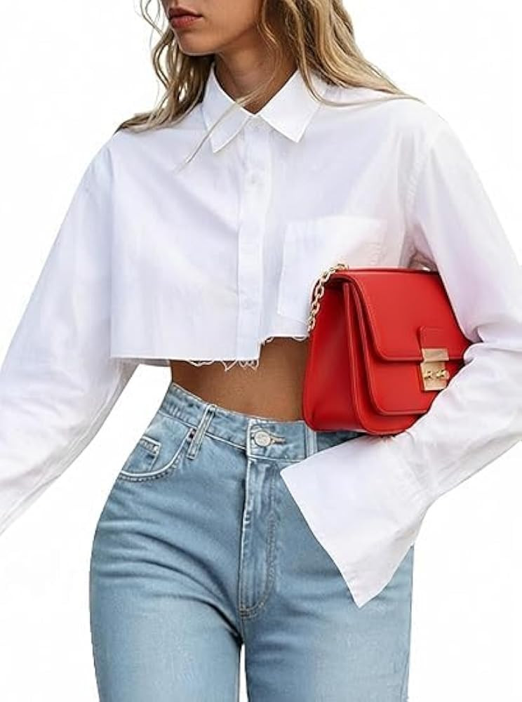 Remidoo Women's Cropped Button Down Shirt Asymmetrical Long Sleeve Top | Amazon (US)