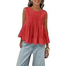 Megfie Womens Summer Pleated Peplum Sleeveless Blouse Tank Tops Round Neck Y2K Babydoll Blouse Sh... | Amazon (US)