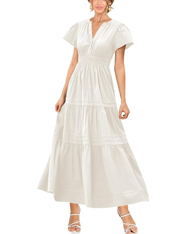 Women's Summer Boho Maxi Dress Ruffle Sleeve V Neck Smocked Flowy Tiered Beach A-line Long Dresse... | Amazon (US)