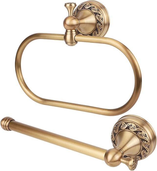 2pcs Antique Brass Toilet Paper Holder, Vintage Gold Hand Towel Ring Bathroom Hardware Wall-Mount... | Amazon (CA)