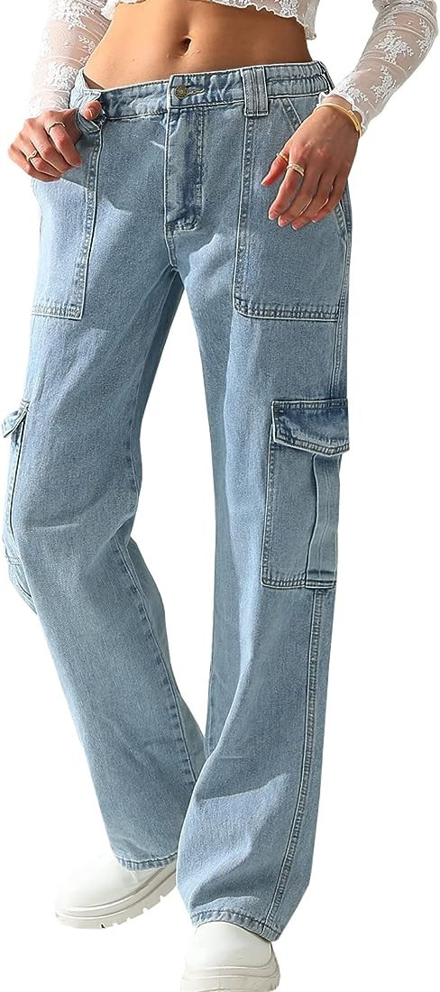 DOUBLJU Women’s High Waist Cargo Jeans Street Wide Leg Denim Pants | Amazon (US)