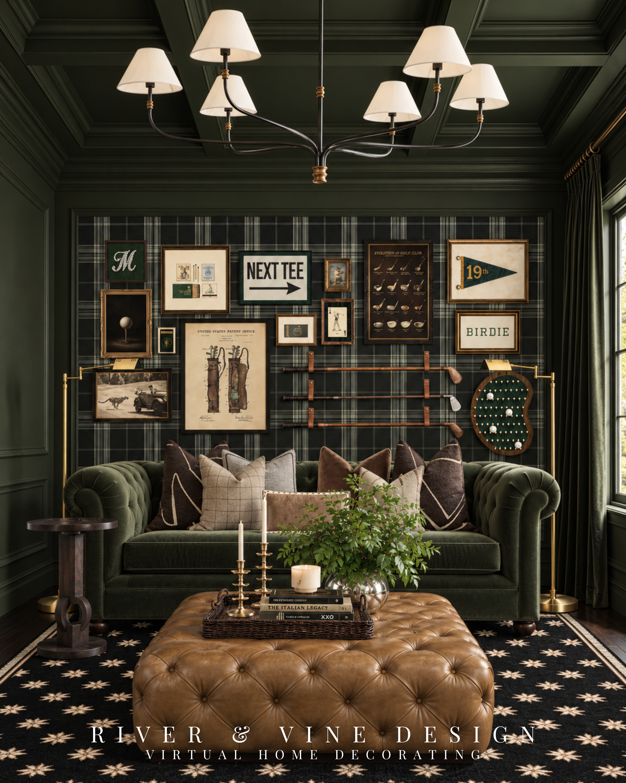 Love a layered home office but nervous about mixing patterns? Keep the colors connected and vary the scale. Here, plaid wallpaper, patterned pillows and a smaller rug motif share olive, cream and brown tones. The solid olive velvet sofa gives your eye a place to rest—especially helpful beneath a busy gallery wall.

moody home office, olive velvet sofa, plaid wallpaper, golf gallery wall, traditional office decor, home office seating, tufted ottoman

I may receive a commission from purchases made through my links. 

 #LTKHome