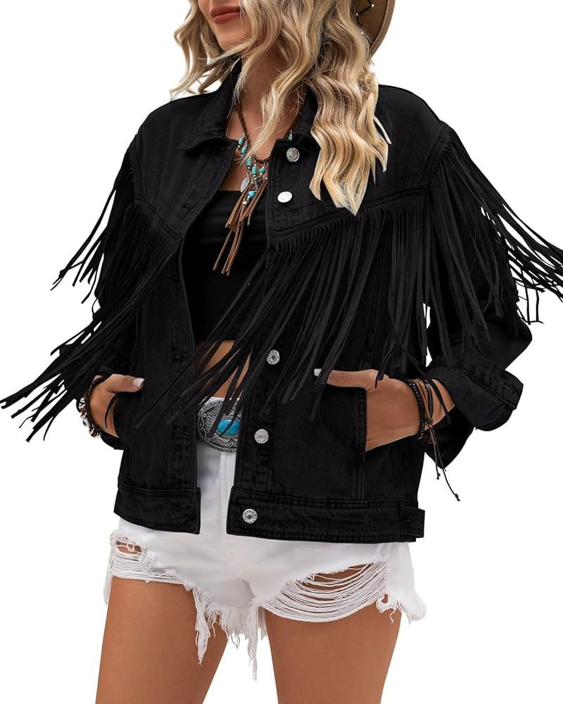 Vetinee Denim Jacket for Women Fringe Trucker Jean Jacket Distressed Western Cowgirl Shacket Jack... | Amazon (US)
