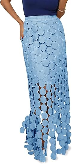 Cicy Bell Womens Hollow Out Maxi Skirts Summer High Waisted Boho Fringe Hem Long Skirt | Amazon (US)