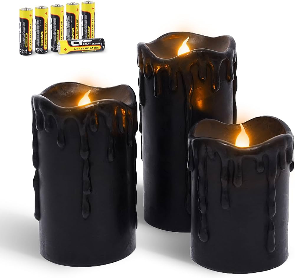 Rhytsing Set of 3 Black Flameless Pillar Candles Real Wax Dripping Design, Battery Operated Led C... | Amazon (US)