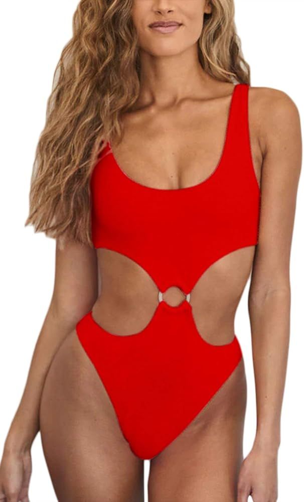FAFOFA Womens Sexy Low Scoop Neck High Waist Monokini Cutout One Piece Swimsuit | Amazon (US)