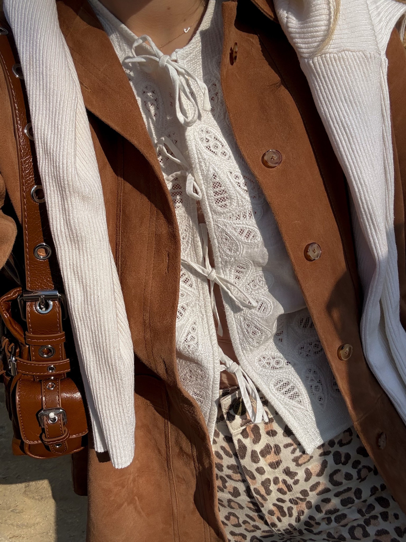 Spring outfit details 🌸 suede jacket from sezane, Broderie anglais tie white top, cream cardigan; leopard print wide leg jeans, brown buckle bag 

#LTKuk #LTKbag #LTKspring