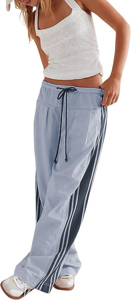 Hongsui Women's Wide Leg Pants Drawstring High Rise Side Striped Slouchy Palazzo Pants with Pocke... | Amazon (US)