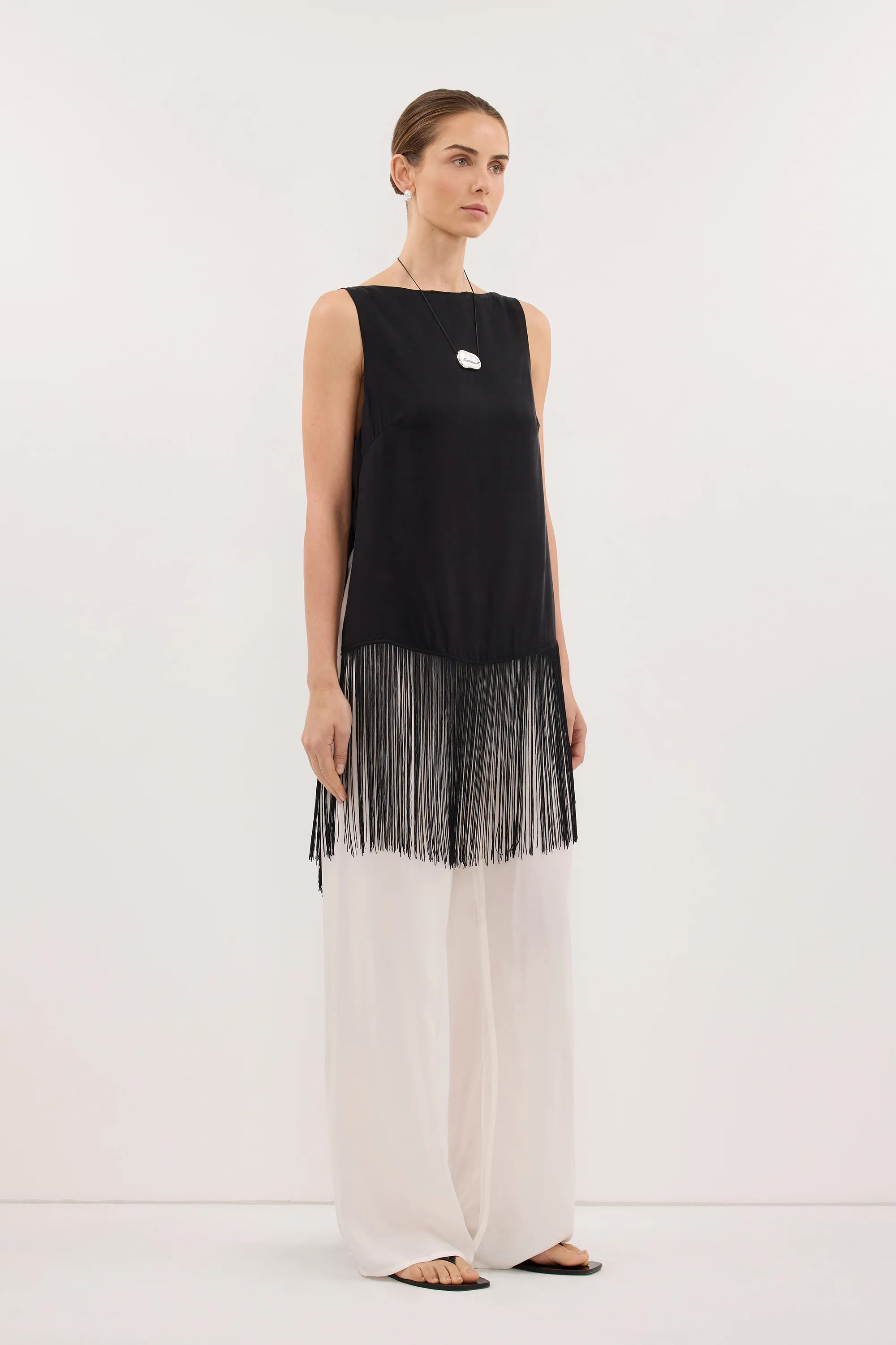 FIORA BLACK CUPRO FRINGE TOP | DISSH