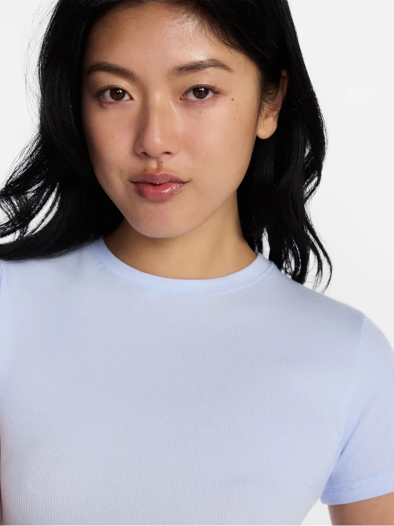 No Boundaries Cotton Stretch Ribbed Tee with Short Sleeves, Women's XS-XXXL | Walmart (US)