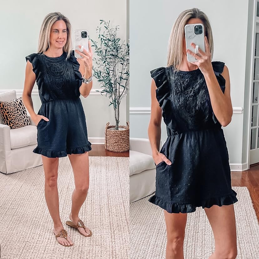 Angashion Womens Rompers 2023 Dressy Summer Casual Embroidery Lace Print One Piece Outfit Ruffle ... | Amazon (US)