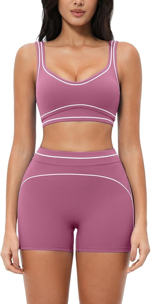 Women 2 Piece Workout Sets U Back Color Block Sports Bra High Waist Tummy Control Active Shorts Y... | Amazon (US)