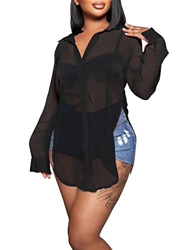 Womens Sheer Button Up Blouse Sexy Long Sleeve Mesh See Through Shirts Tops Black S | Amazon (US)