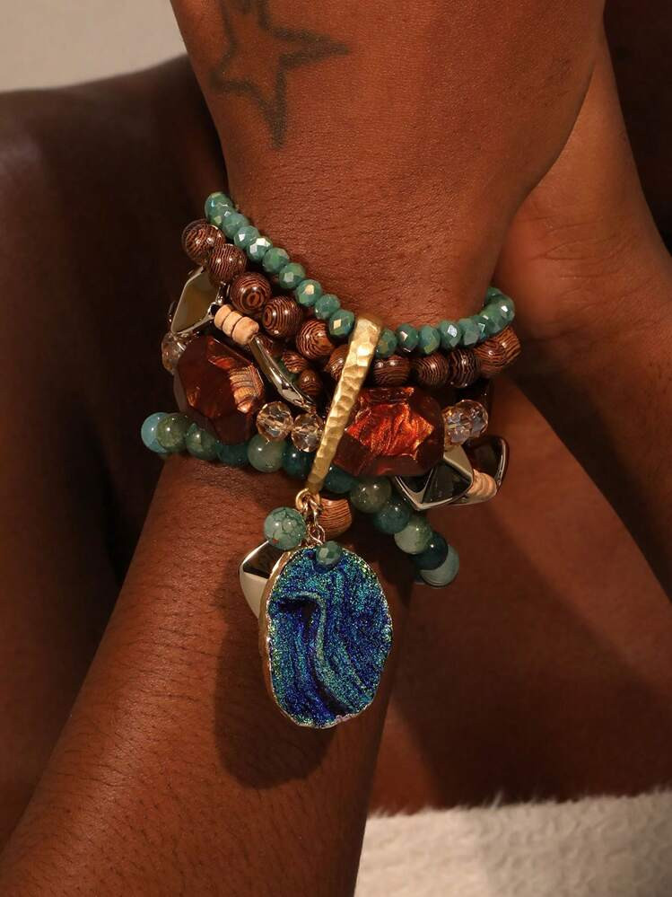 1pc Multi-Layer Beaded Bracelet With Random Stone & Wooden Bohemian Style, Suitable For Women Evening Party, Holiday, Beach, Everyday Wear | SHEIN