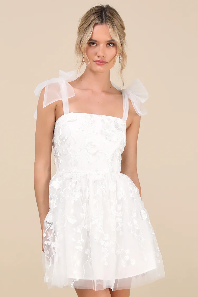 Classic Romance White 3D Floral Applique Tie-Strap Mini Dress | Lulus