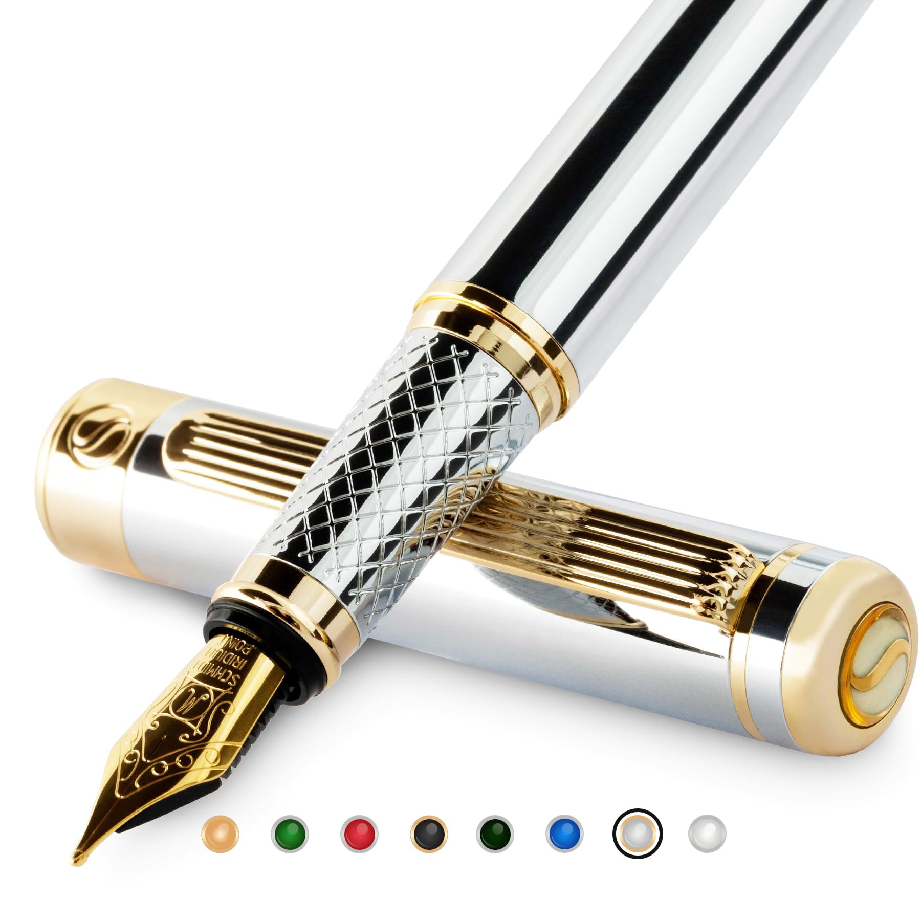 Scriveiner Silver Chrome Fountain Pen - Stunning Luxury Pen, Real Gold Plating, Schmidt Gilded Ni... | Amazon (UK)