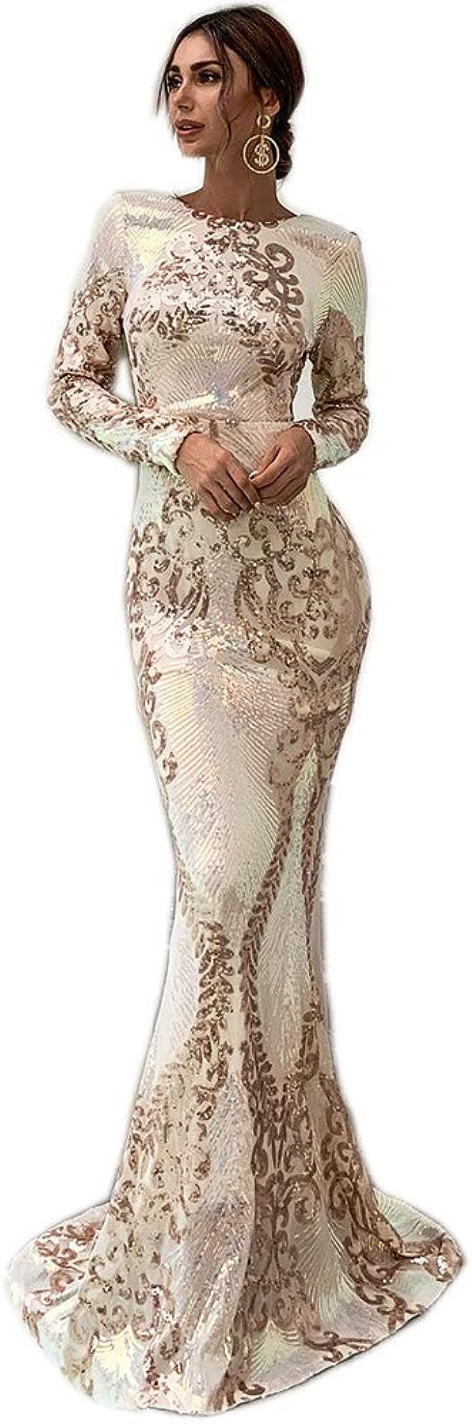Miss ord Women Long Sleeve Backless Sequin Gown Female Maxi Elegant Dress | Amazon (US)