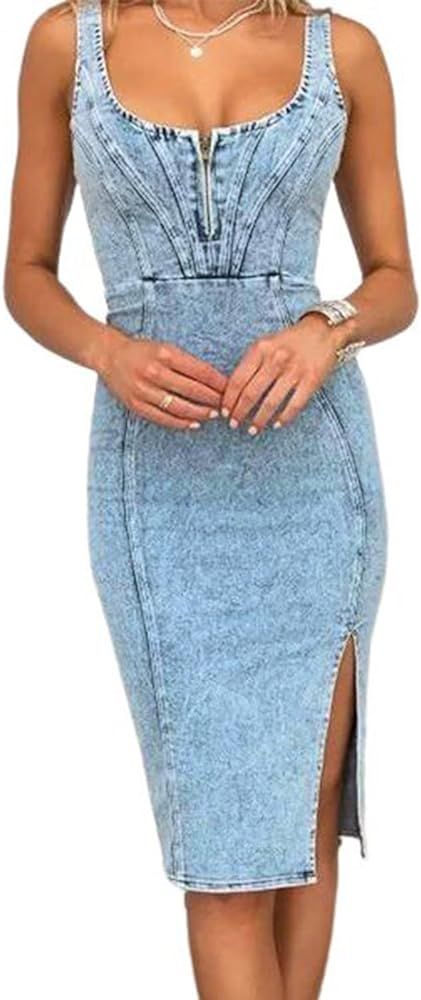 utcoco Denim Dress for Women Sleeveless Side Slit Bodycon Midi Jean Dresses for Women 2023 | Amazon (US)