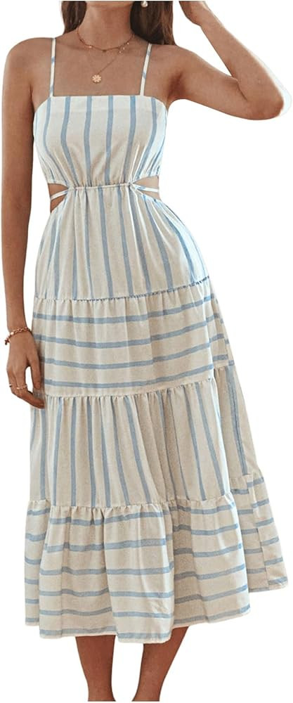 MakeMeChic Women's Spaghetti Strap Striped Side Cut Out Waist Dress Backless Summer Flowy Dresses | Amazon (US)