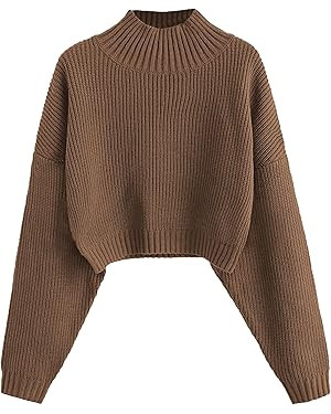 ZAFUL Women's Cropped Turtleneck Sweater Lantern Sleeve Ribbed Knit Pullover Sweater Jumper | Amazon (US)