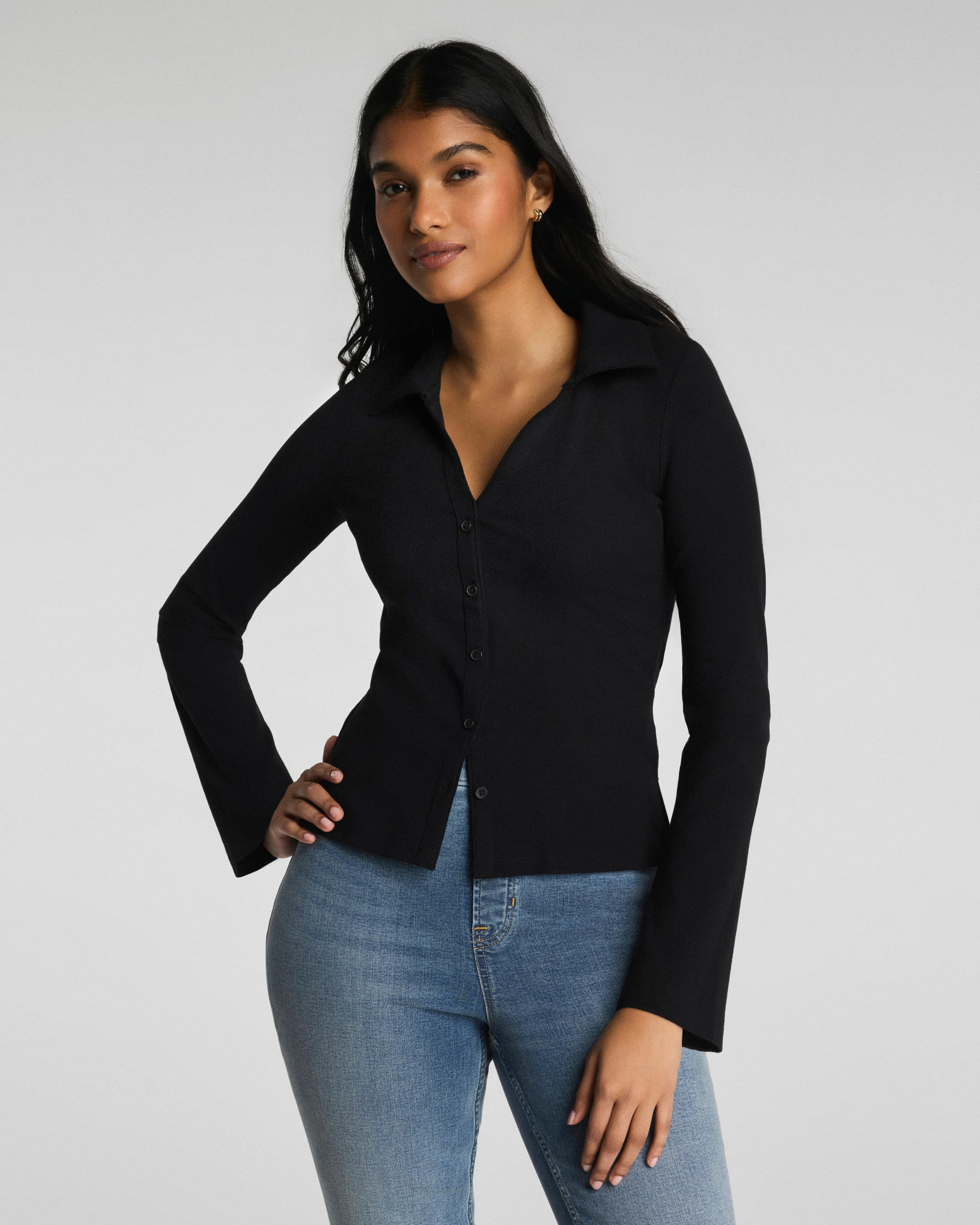 Spanx Women's Ribbed Knit Button Down in Black | Spanx