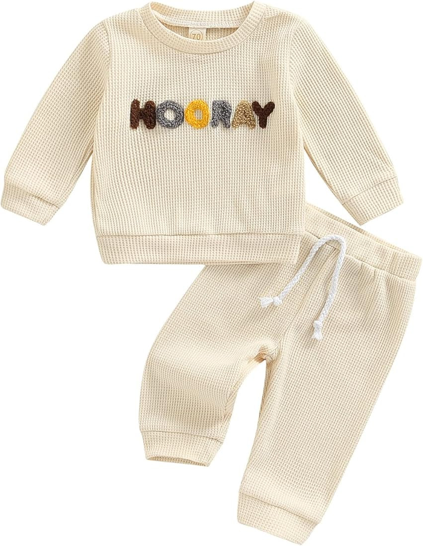 Toddler Baby Boy Girl Clothes Outfits Ribbed Long Sleeve Pullover Sweatshirts Tops Pants Solid 2PCS  | Amazon (US)