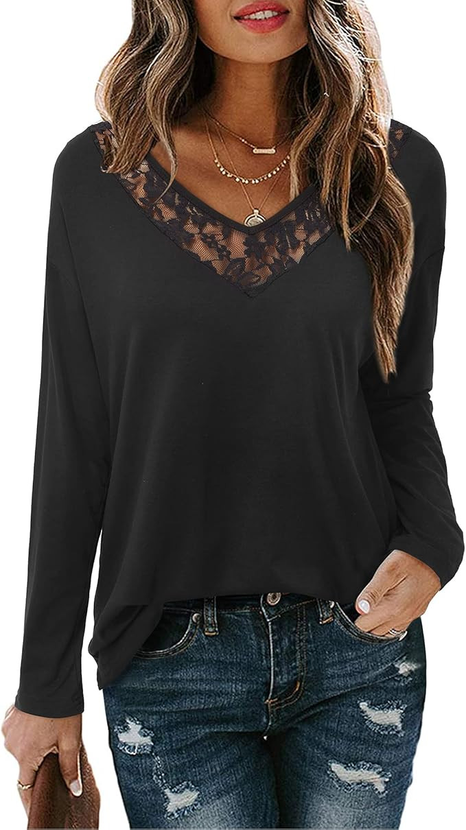 STYLEWORD Women's Lace V Neck Tee Shirt Casual Long Sleeve Loose Fit Tunic Top | Amazon (US)