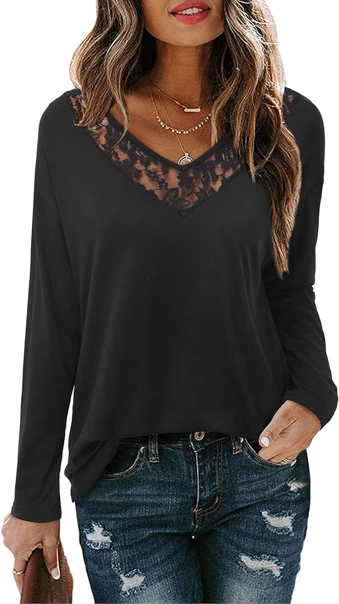 STYLEWORD Women's Lace V Neck Tee Shirt Casual Long Sleeve Loose Fit Tunic Top | Amazon (US)