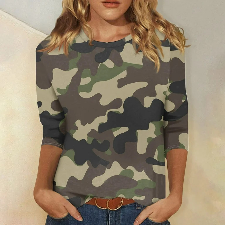 SAATLERI Women’s Three Quarter Sleeve Tops - Camo Print Shirt, Loose Fit Blouses Casual Crew Ne... | Walmart (US)