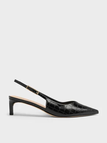 Luciana Croc-Effect Slingback Kitten Heels
    
         - Animal Print Black | Charles & Keith US