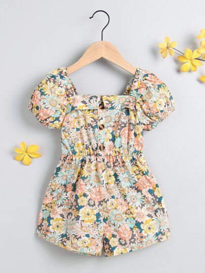 Toddler Girls Floral Square Neck Puff Sleeve Romper | SHEIN