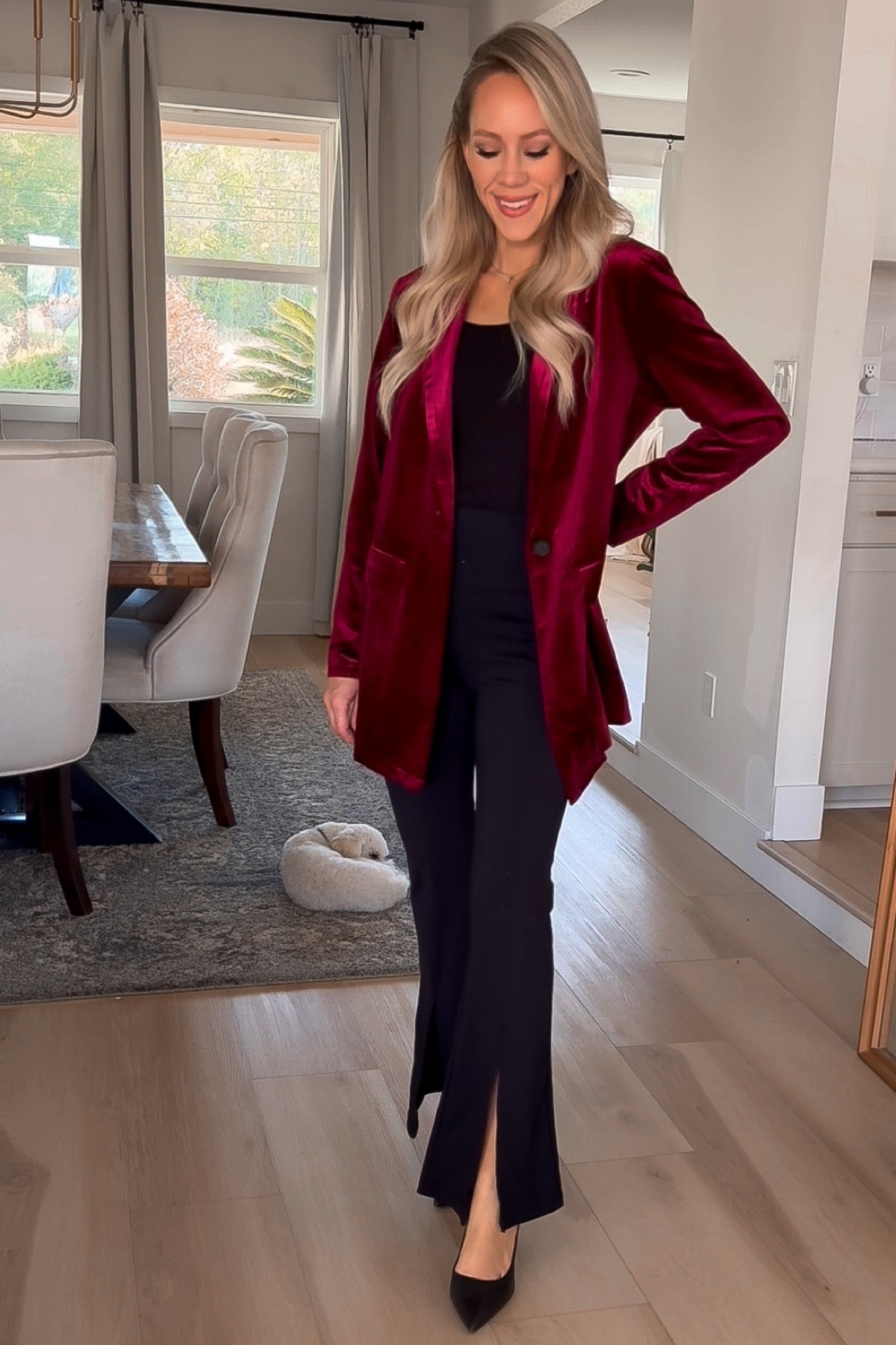 Red blazer fits slight oversized. I went with my true size. 

Red velvet blazer, velvet jacket, split hem pants, Amazon black pants, Amazon Christmas outfit, Amazon holiday outfit, black bodysuit, buttery soft bodysuit, skims dupe bodysuit, skims look for less, black stilettos, pointed toe heels, black pumps  

#LTKHoliday #LTKSeasonal #LTKGiftGuide
