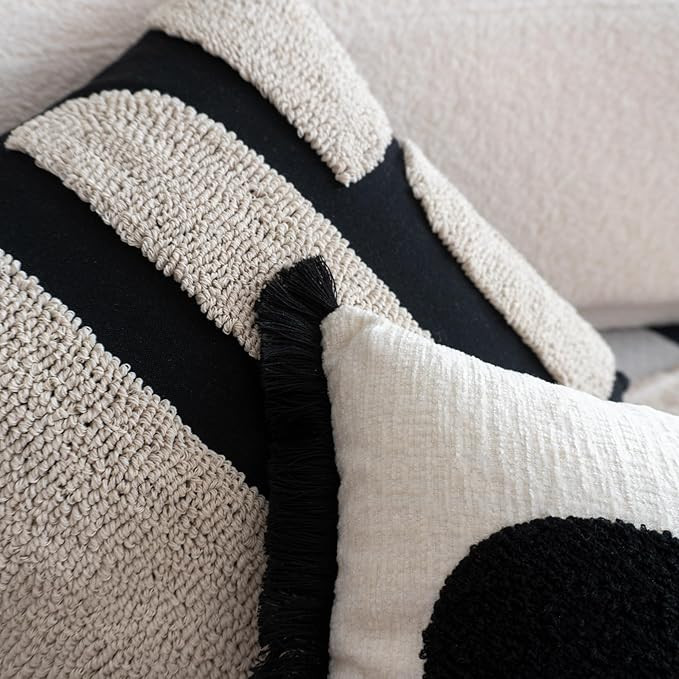 Black White Boho Chunky Tufted Pillow Cover, Neutral Decorative Square Throw Pillow Case, Geometr... | Amazon (US)
