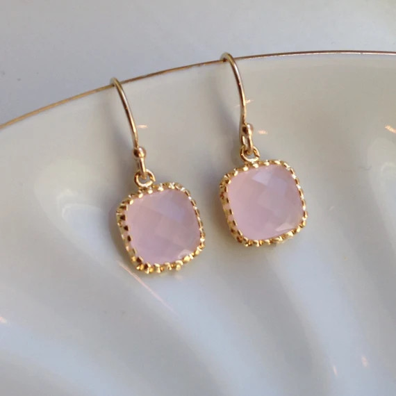 Small Dainty Opal Pink Earrings Gold Plated - Bridesmaid Earrings - Wedding Earrings - Wedding Je... | Etsy (US)