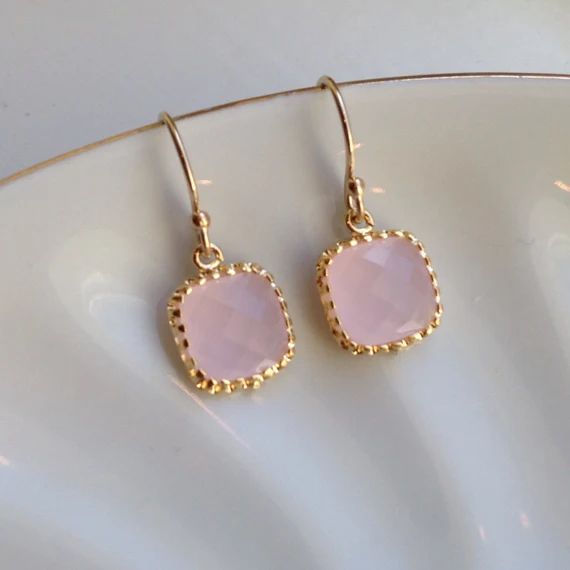 Small Dainty Opal Pink Earrings Gold Plated - Bridesmaid Earrings - Wedding Earrings - Wedding Je... | Etsy (US)