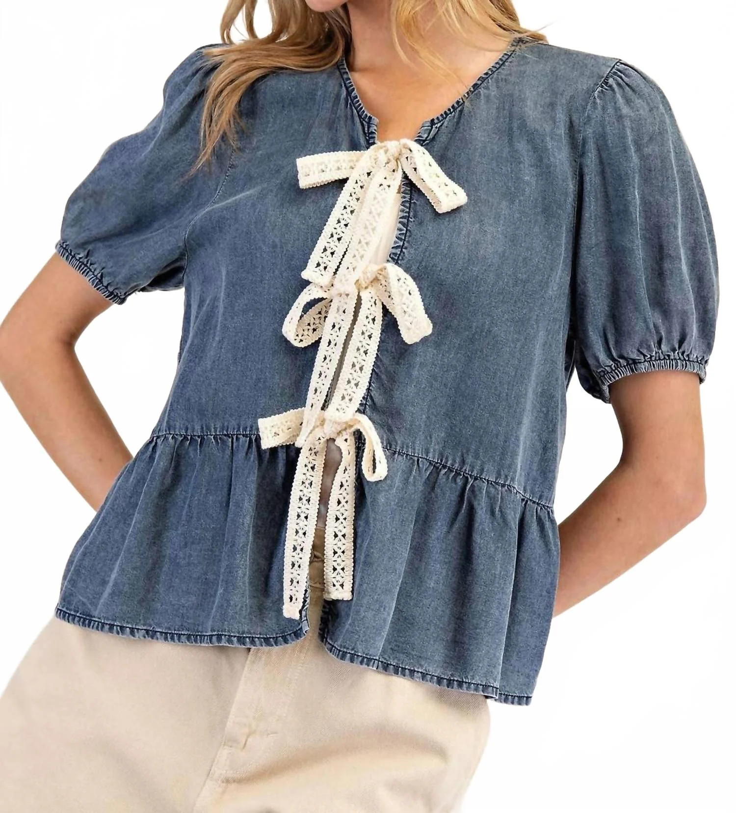 Front Ribbon Tie Denim Top In Blue | Shop Simon